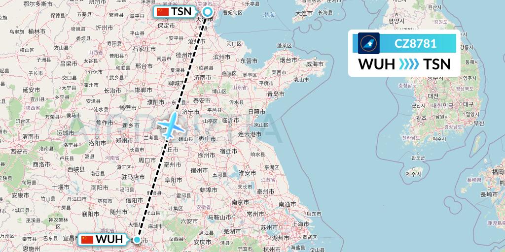 CZ8781 China Southern Airlines Flight Map: Wuhan to Tianjin