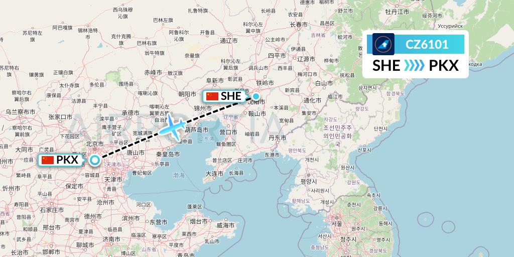 CZ6101 China Southern Airlines Flight Map: Shenyang to Beijing
