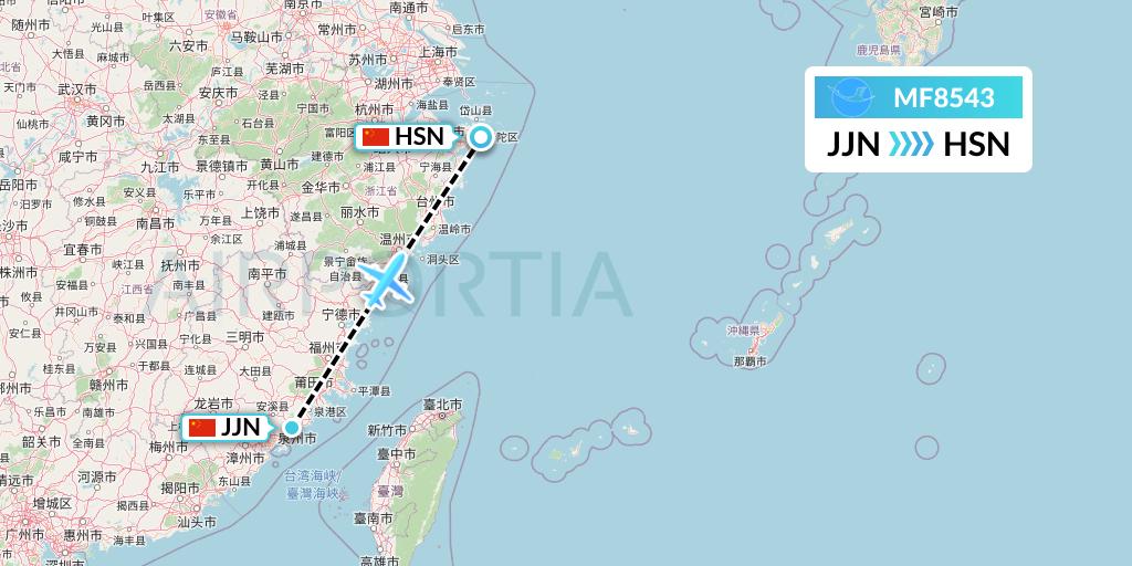 MF8543 Xiamen Airlines Flight Map: Jinjiang to Zhoushan