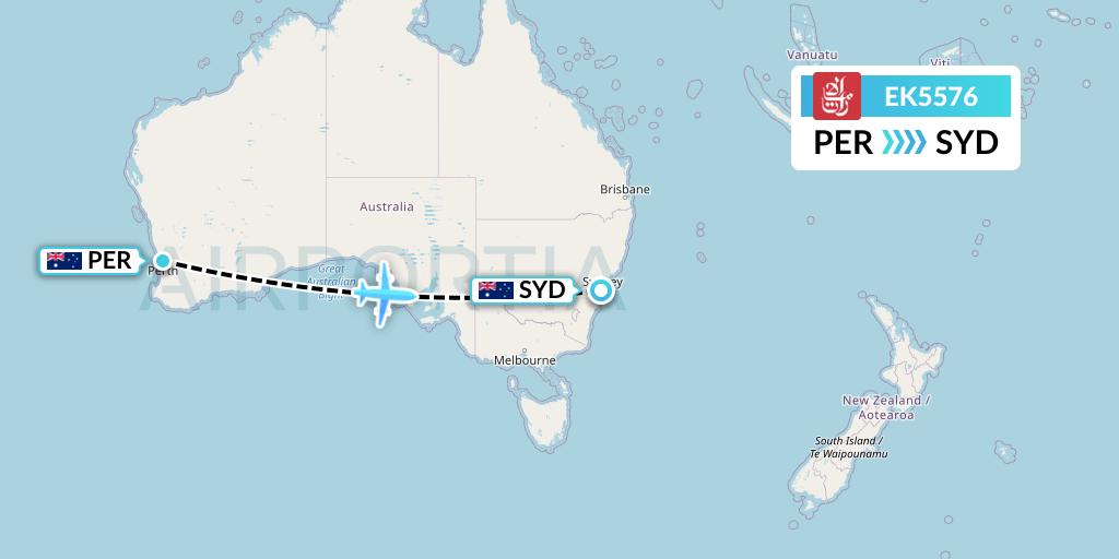 EK5576 Emirates Flight Map: Perth to Sydney