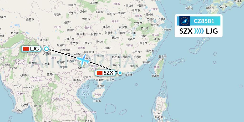 CZ8581 China Southern Airlines Flight Map: Shenzhen to Lijiang