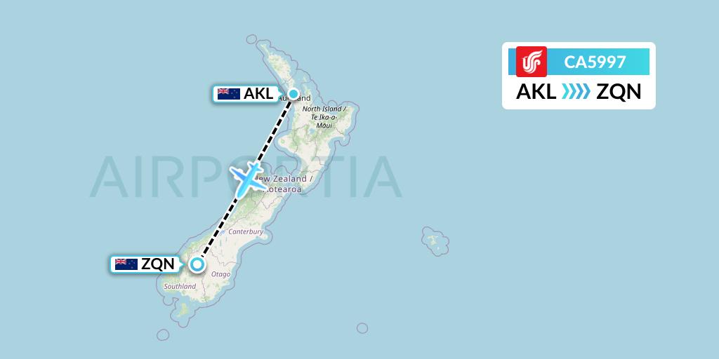 CA5997 Air China Flight Map: Auckland to Queenstown