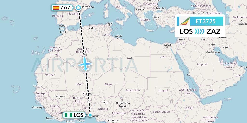ET3725 Ethiopian Airlines Flight Map: Lagos to Zaragoza