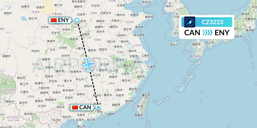 CZ3223 China Southern Airlines Flight Map: Guangzhou to Yan'an