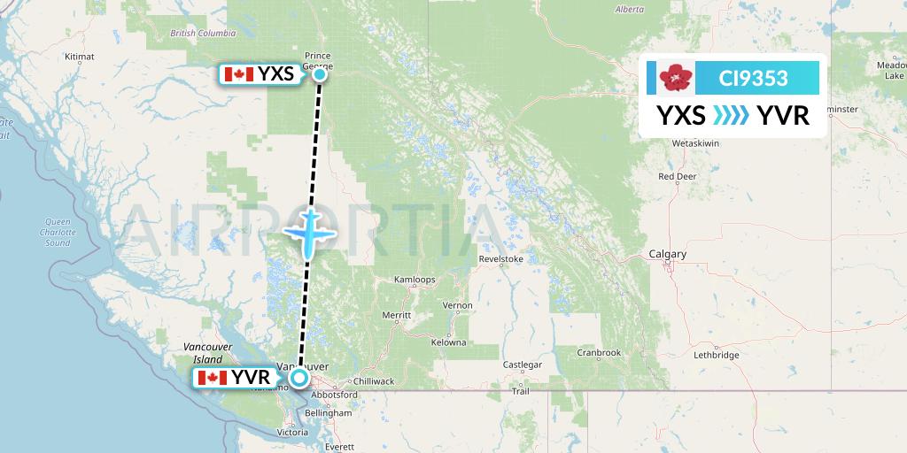 CI9353 China Airlines Flight Map: Prince George to Vancouver