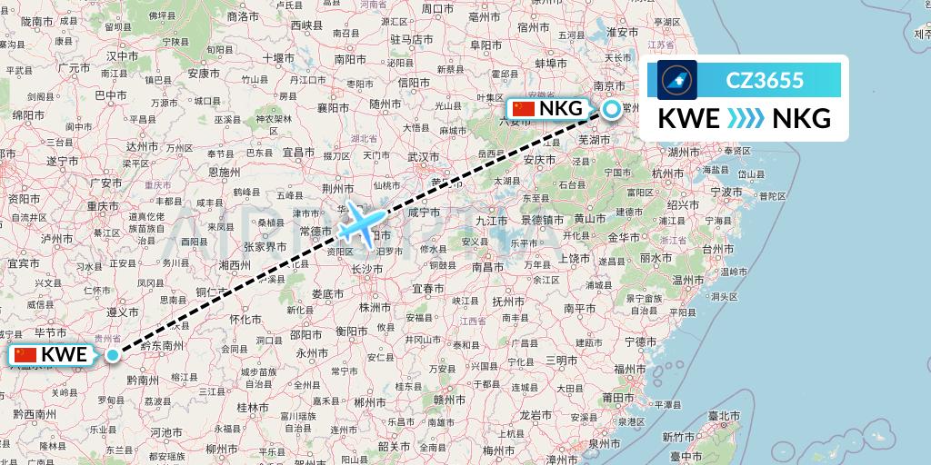 CZ3655 China Southern Airlines Flight Map: Guiyang to Nanjing