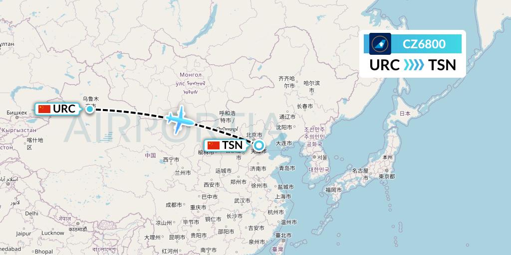 CZ6800 China Southern Airlines Flight Map: Urumqi to Tianjin