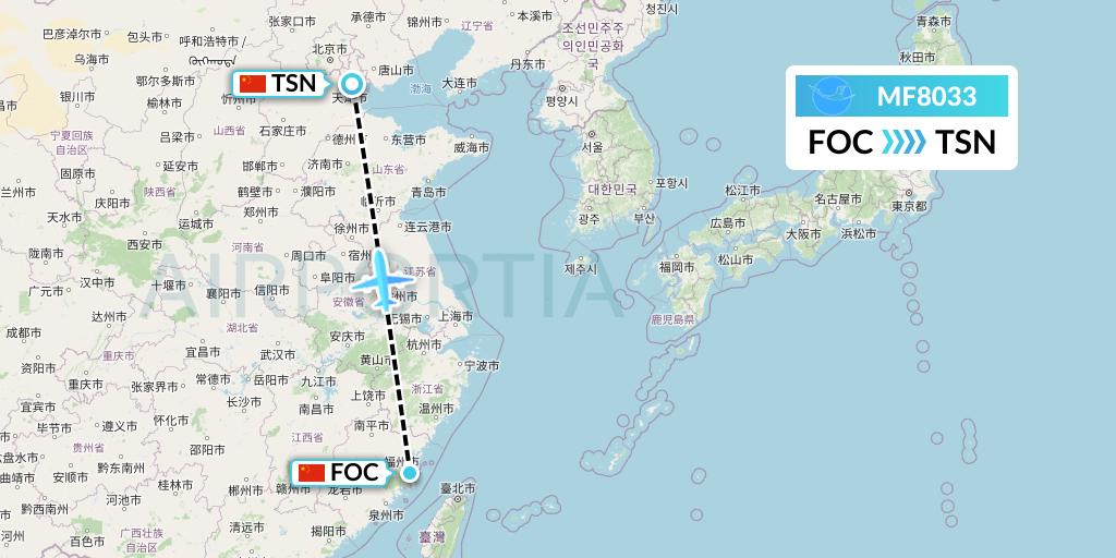 MF8033 Xiamen Airlines Flight Map: Fuzhou to Tianjin