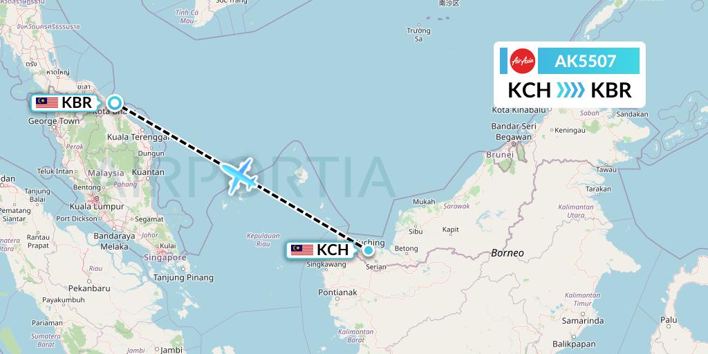 AK5507 AirAsia Flight Map: Kuching to Kota Bharu