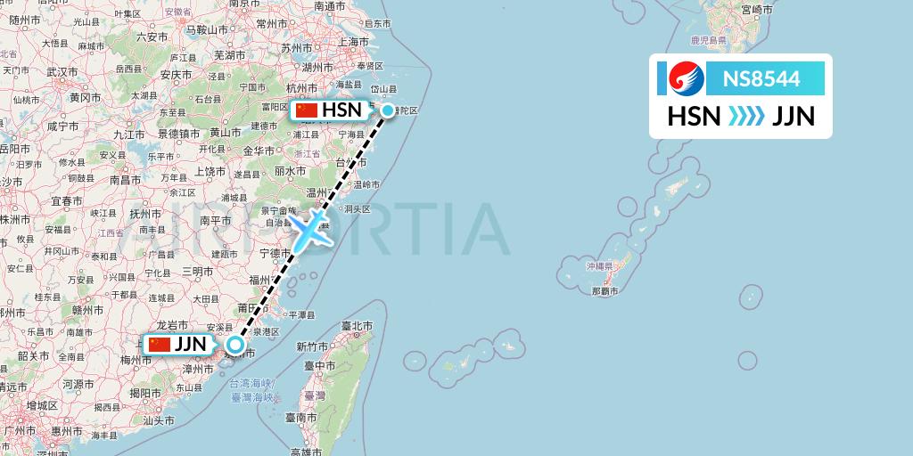NS8544 Hebei Airlines Flight Map: Zhoushan to Jinjiang