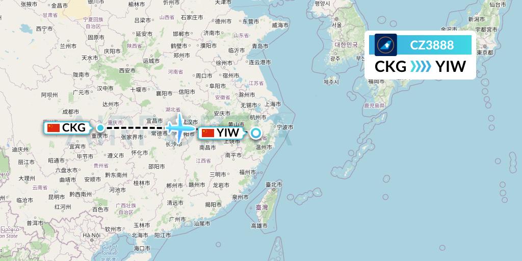 CZ3888 China Southern Airlines Flight Map: Chongqing to Yiwu