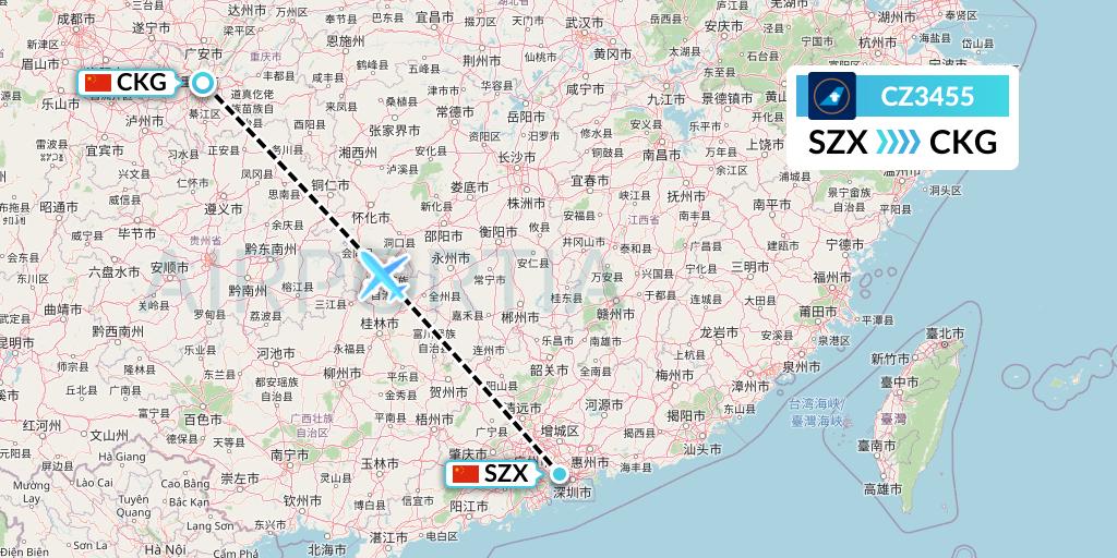 CZ3455 China Southern Airlines Flight Map: Shenzhen to Chongqing