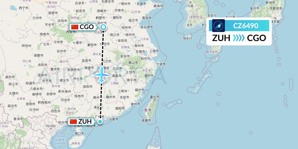 CZ6490 China Southern Airlines Flight Map: Zhuhai to Zhengzhou