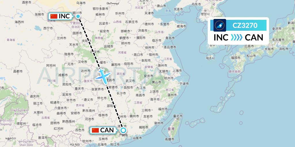 CZ3270 China Southern Airlines Flight Map: Yinchuan to Guangzhou