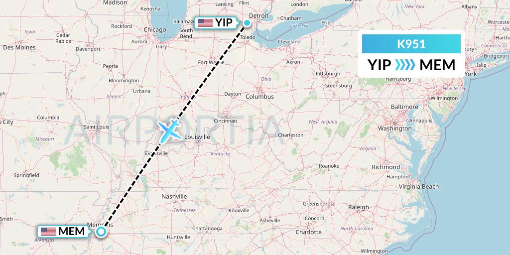 K951 Kalitta Charters Flight Map: Detroit to Memphis