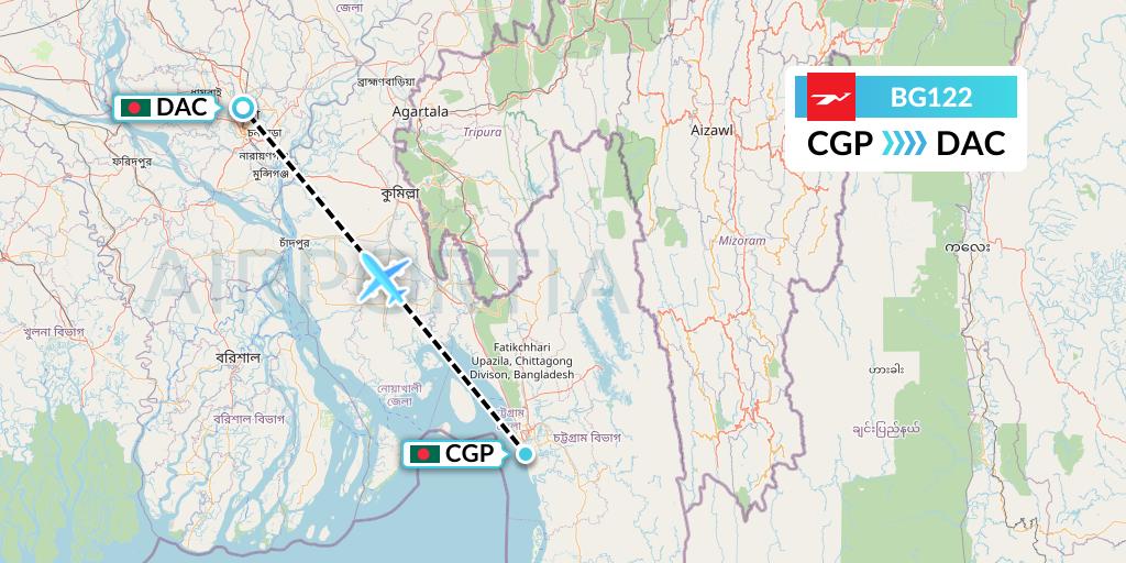 BG122 Biman Bangladesh Airlines Flight Map: Chittagong to Dhaka