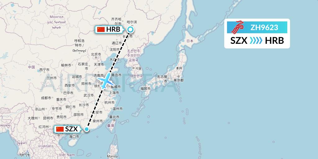 ZH9623 Shenzhen Airlines Flight Map: Shenzhen to Harbin