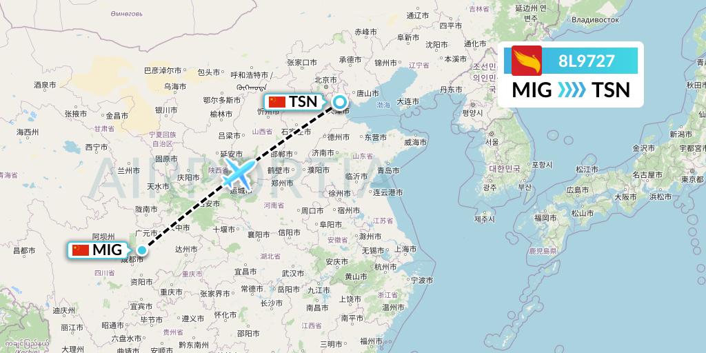 8L9727 Lucky Air Flight Map: Mianyang to Tianjin