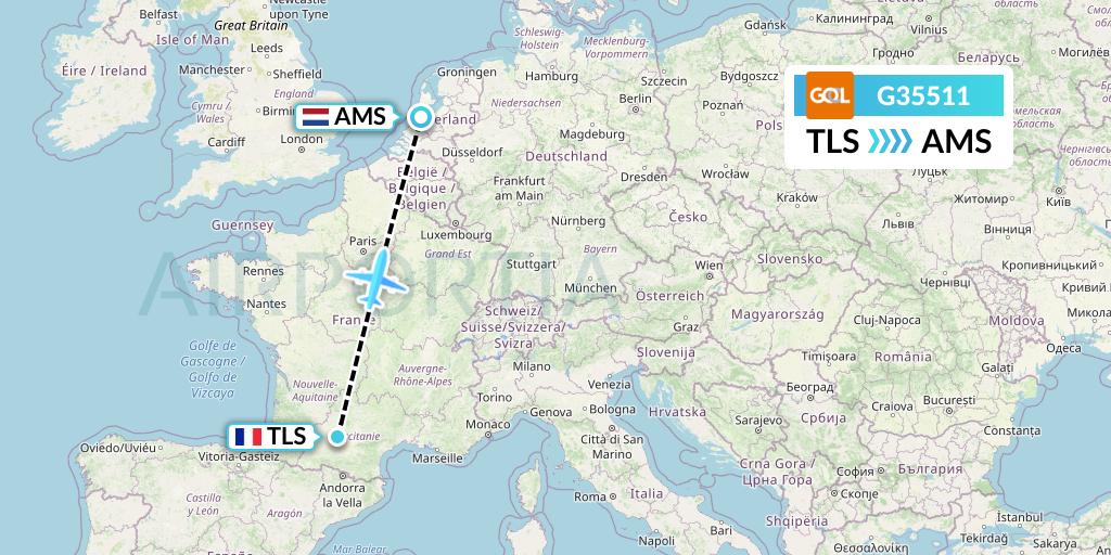 G35511 GOL Transportes Aeros Flight Map: Toulouse to Amsterdam