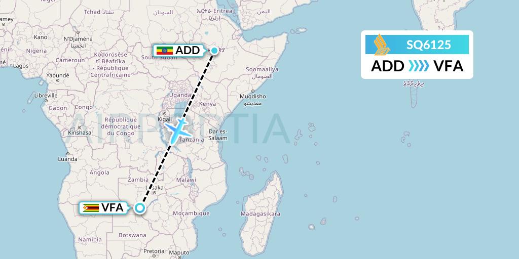 SQ6125 Singapore Airlines Flight Map: Addis Ababa to Victoria Falls