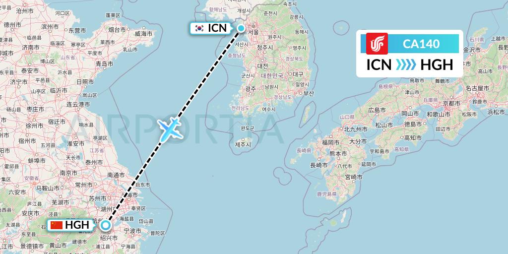 CA140 Air China Flight Map: Seoul to Hangzhou