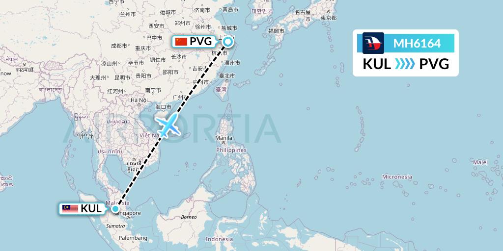 MH6164 Malaysia Airlines Flight Map: Kuala Lumpur to Shanghai