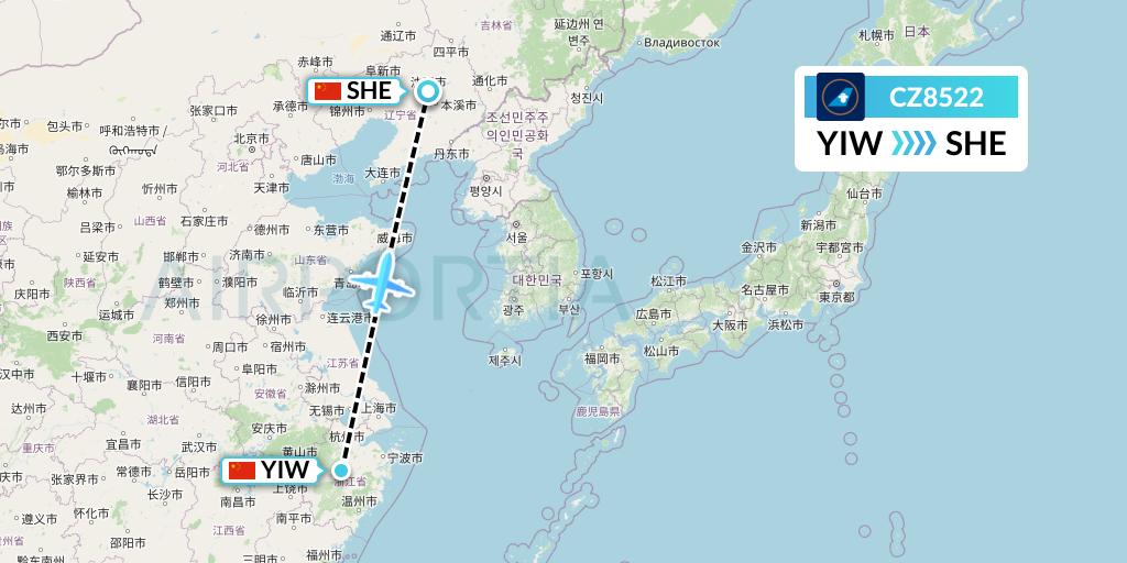 CZ8522 China Southern Airlines Flight Map: Yiwu to Shenyang