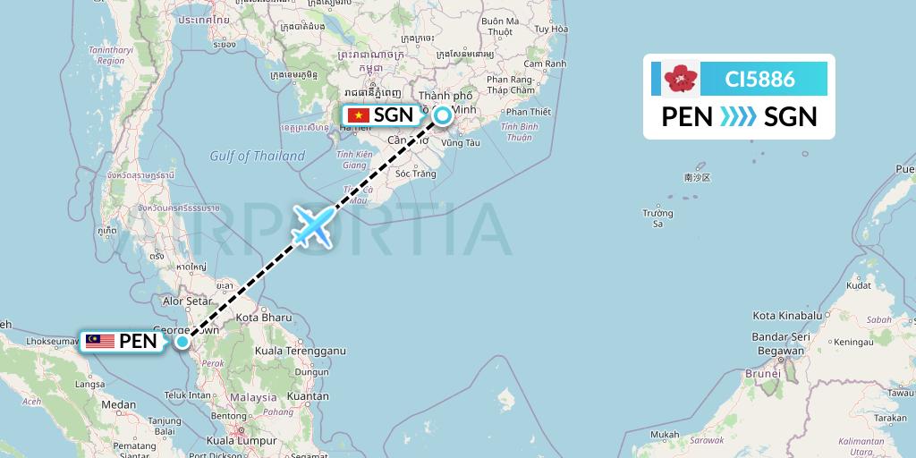 CI5886 China Airlines Flight Map: Penang to Ho Chi Minh City