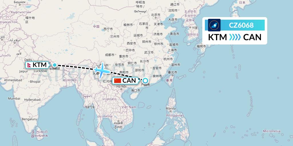 CZ6068 China Southern Airlines Flight Map: Kathmandu to Guangzhou