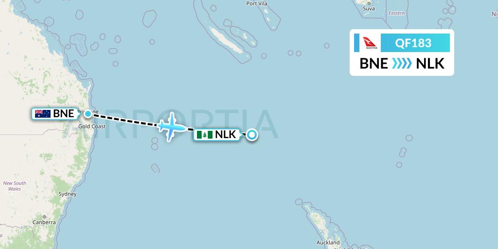 QF183 Qantas Flight Map: Brisbane to Norfolk Island