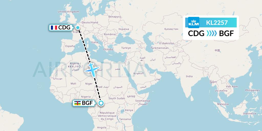 KL2257 KLM Flight Map: Paris to Bangui
