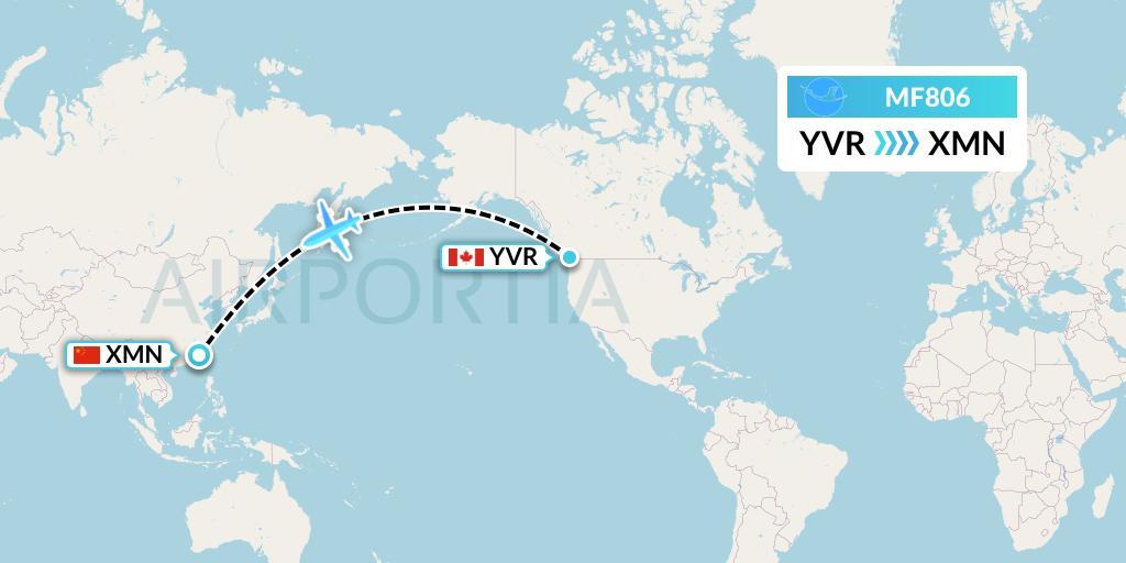 MF806 Xiamen Airlines Flight Map: Vancouver to Xiamen