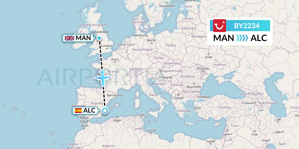 BY2234 TUI Airways Flight Map: Manchester to Alicante