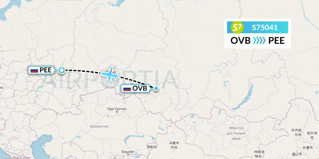 S75041 S7 Airlines Flight Map: Novosibirsk to Perm