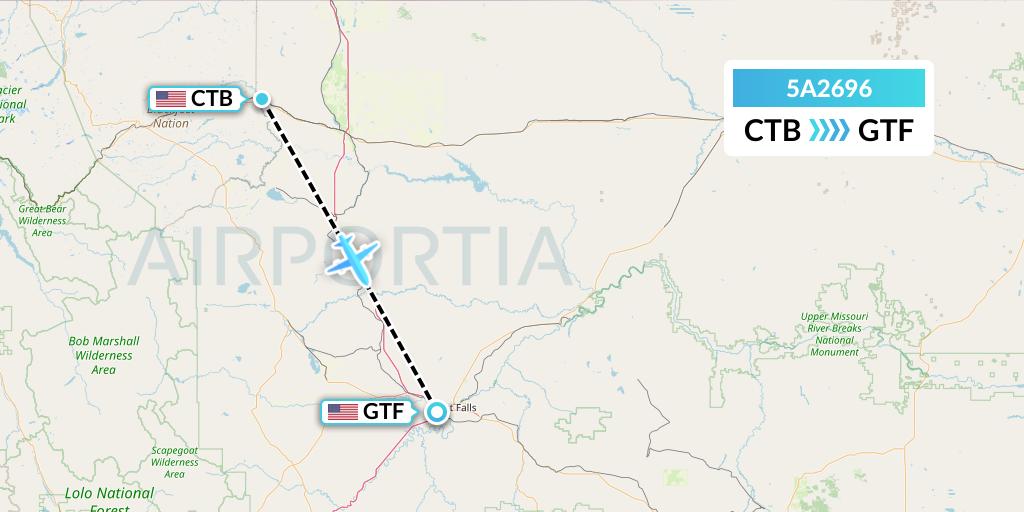 5A2696 Alpine Air Express Flight Map: Cut Bank to Great Falls