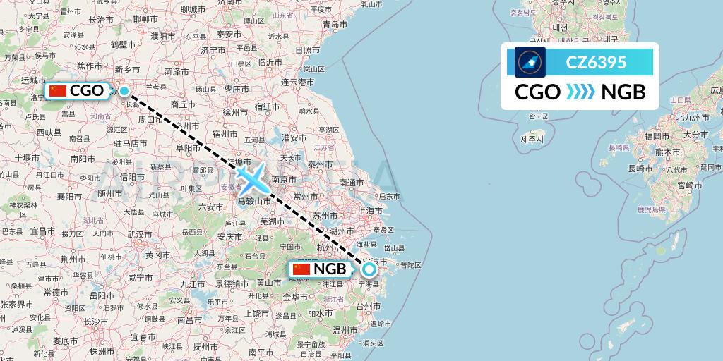 CZ6395 China Southern Airlines Flight Map: Zhengzhou to Ningbo