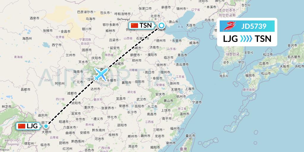 JD5739 Capital Airlines Flight Map: Lijiang to Tianjin