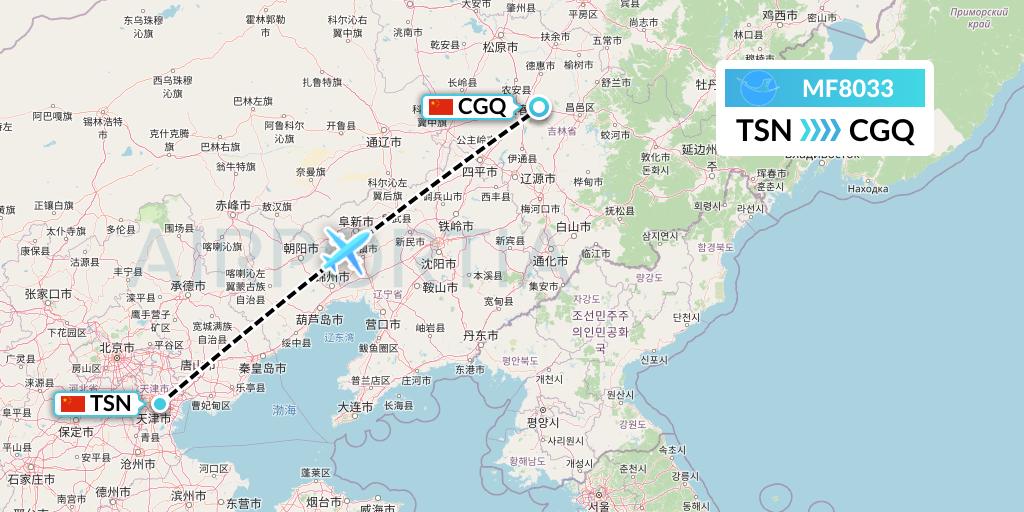 MF8033 Xiamen Airlines Flight Map: Tianjin to Changchun