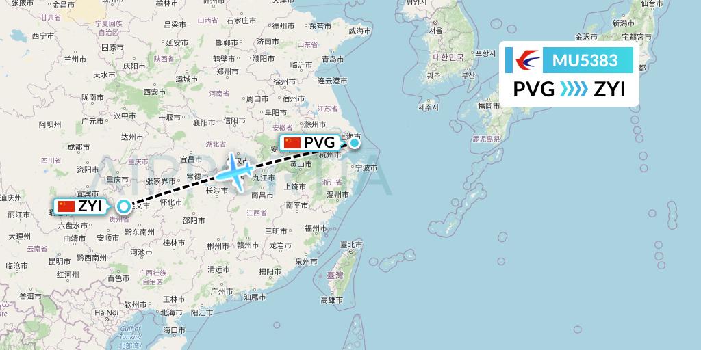 MU5383 China Eastern Airlines Flight Map: Shanghai to Zunyi