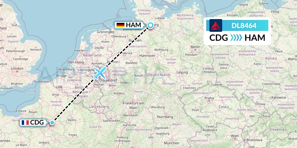 DL8464 Delta Air Lines Flight Map: Paris to Hamburg