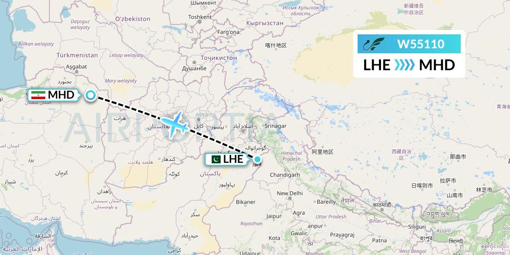 W55110 Mahan Air Flight Map: Lahore to Mashhad