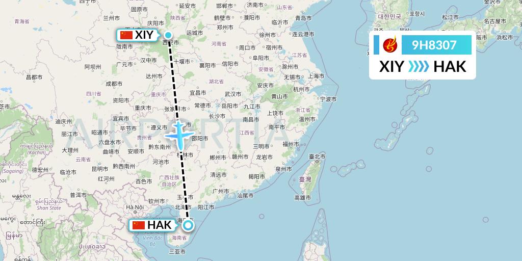 9H8307 Air Changan Flight Map: Xi'an to Haikou