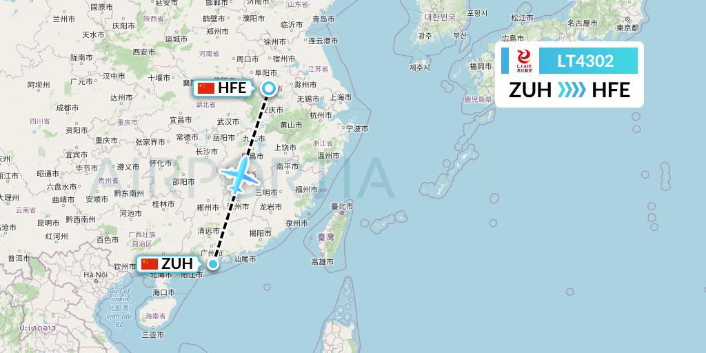 LT4302 LongJiang Airlines Flight Map: Zhuhai to Hefei