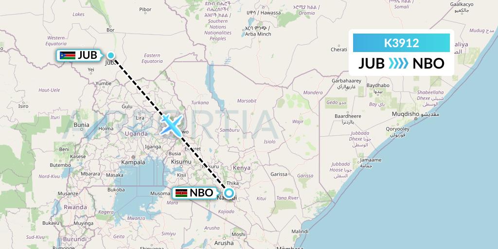 K3912 Taquan Air Flight Map: Juba to Nairobi