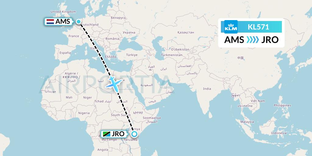 KL571 KLM Flight Map: Amsterdam to Kilimanjaro