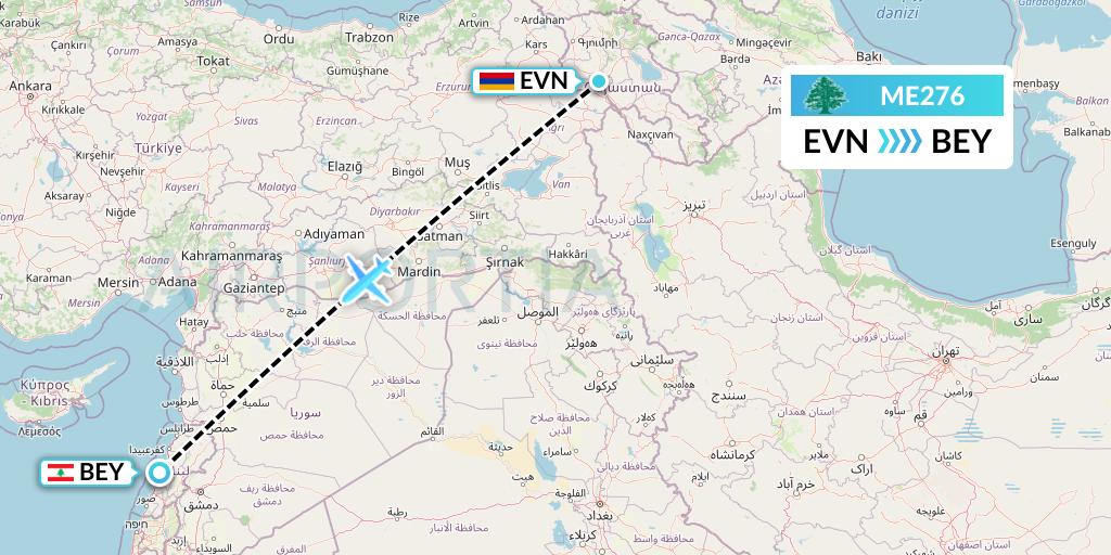ME276 MEA Flight Map: Yerevan to Beirut