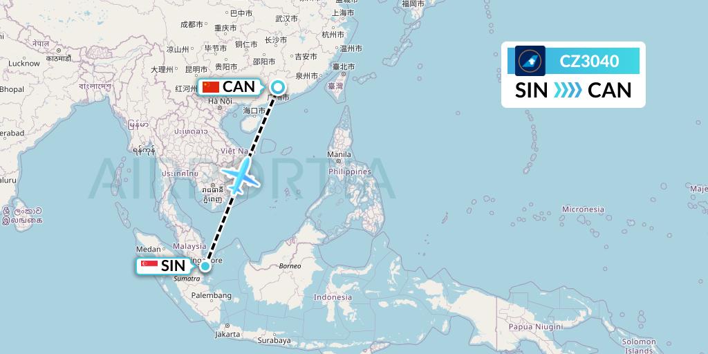 CZ3040 China Southern Airlines Flight Map: Singapore to Guangzhou