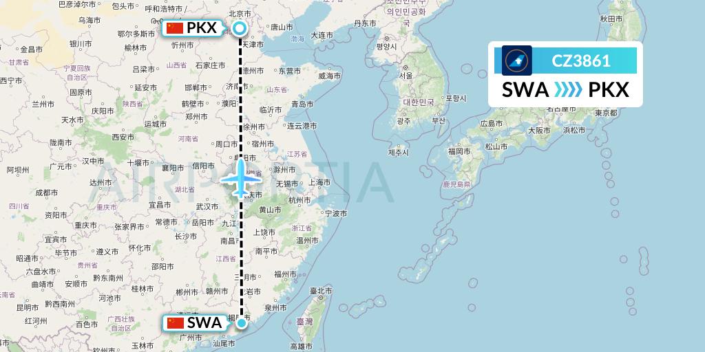 CZ3861 China Southern Airlines Flight Map: Jieyang to Beijing