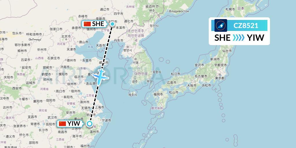 CZ8521 China Southern Airlines Flight Map: Shenyang to Yiwu