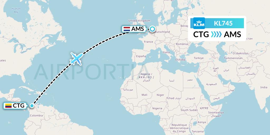 KL745 KLM Flight Map: Cartagena to Amsterdam